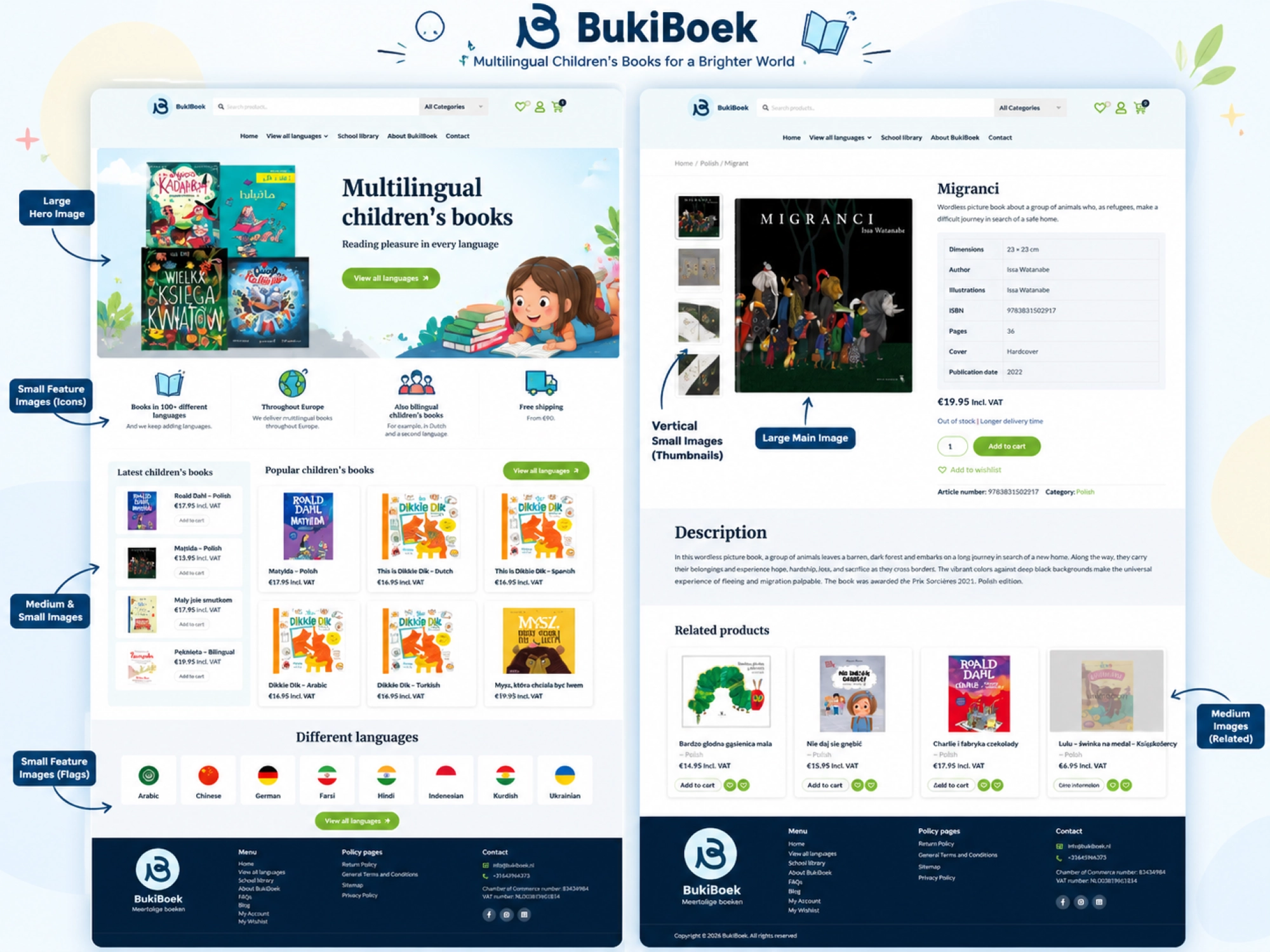 BukiBoek multilingual children’s books eCommerce website showcasing books in multiple languages