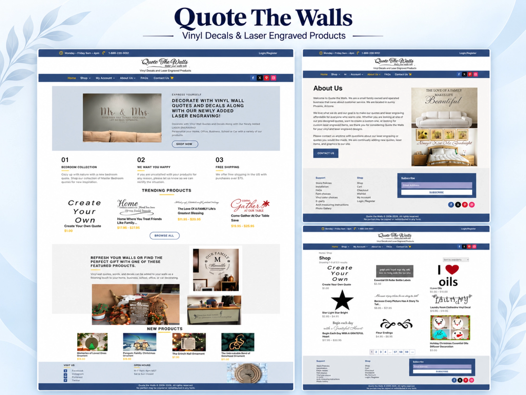 Quote The Walls eCommerce website showcasing vinyl wall decals and laser engraved products