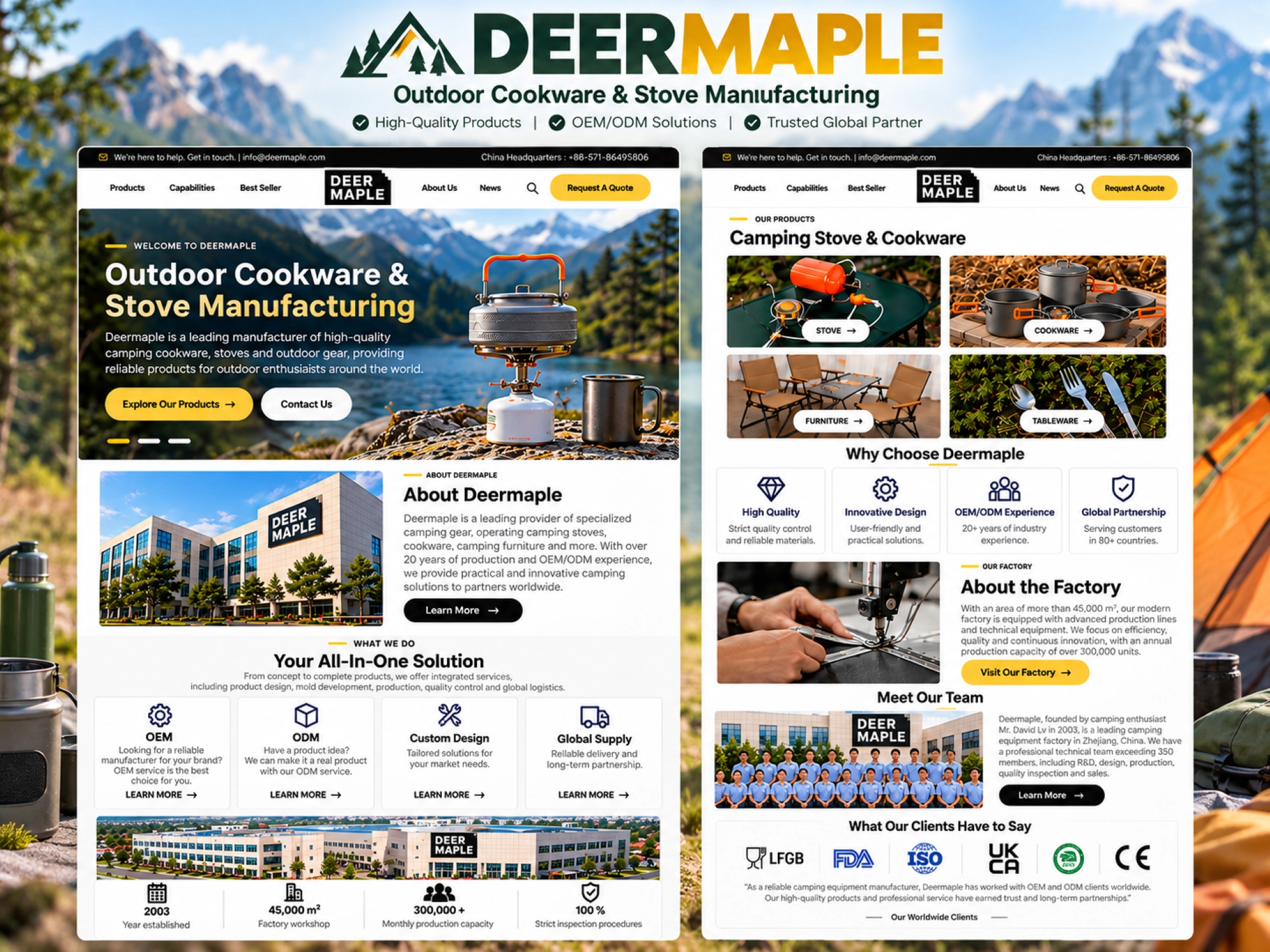 DeerMaple outdoor cookware and camping stove manufacturing website showcasing OEM and ODM products