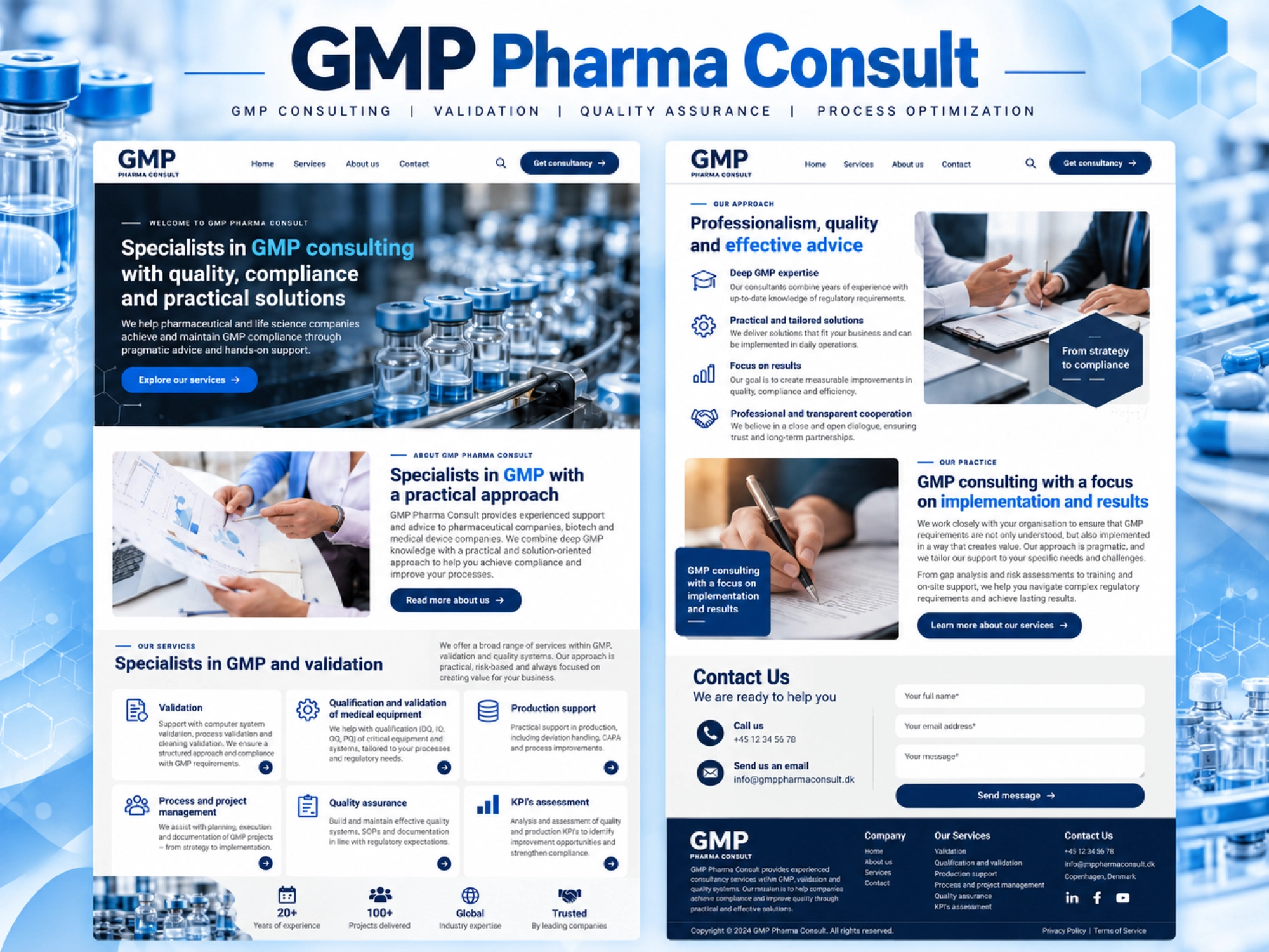 GMP Pharma Consult professional website showcasing GMP consulting, validation, quality assurance and process optimization services