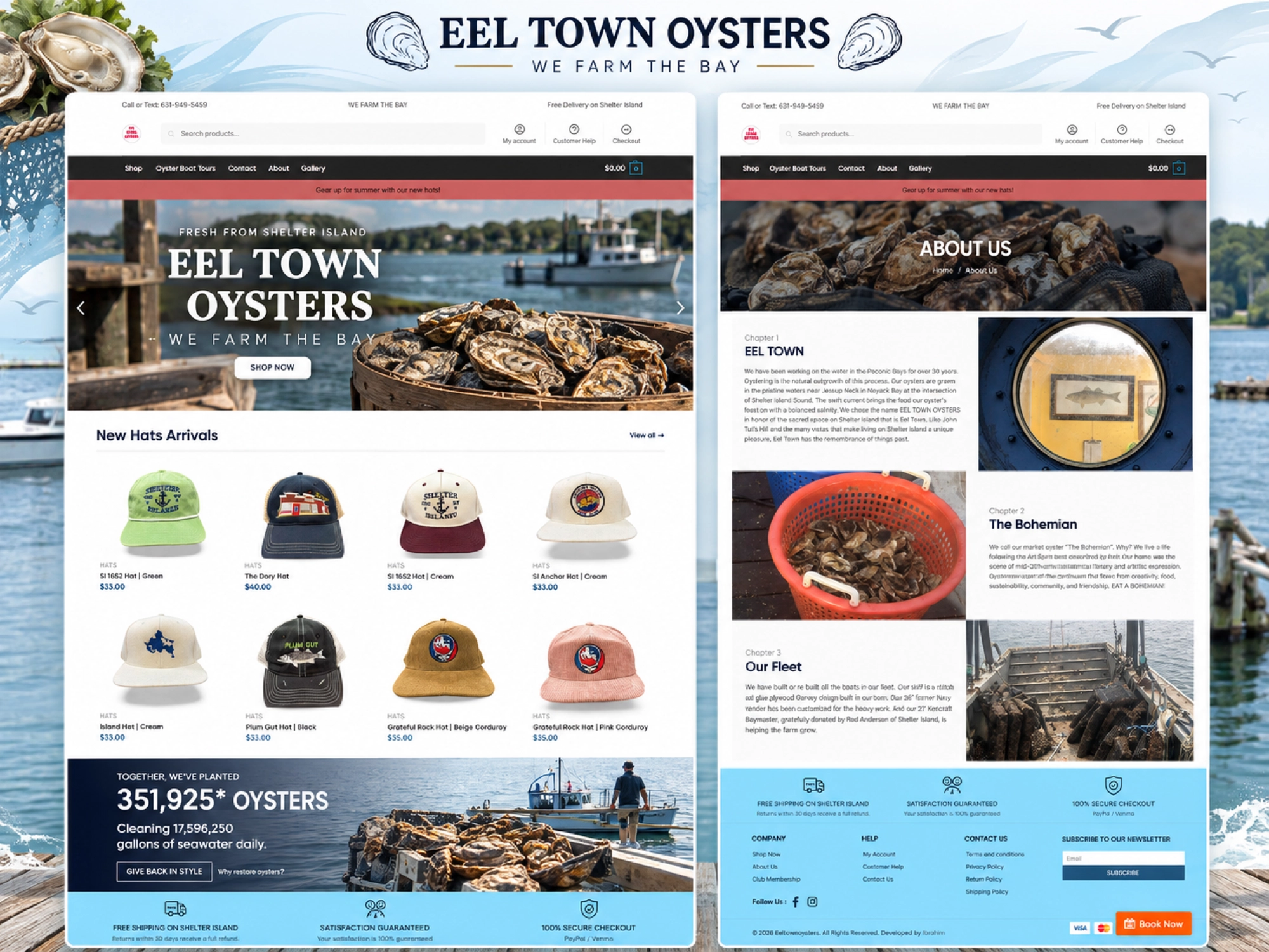 Eel Town Oysters eCommerce website showcasing fresh oysters, oyster farming, merchandise and Shelter Island seafood products
