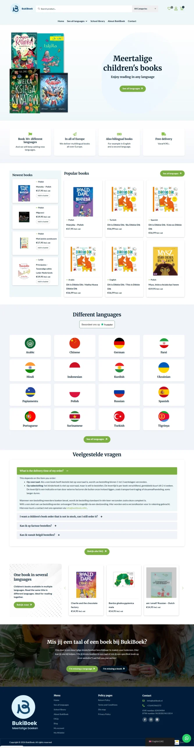 BukiBoek website showcasing multilingual and bilingual children’s books available in more than 30 languages
