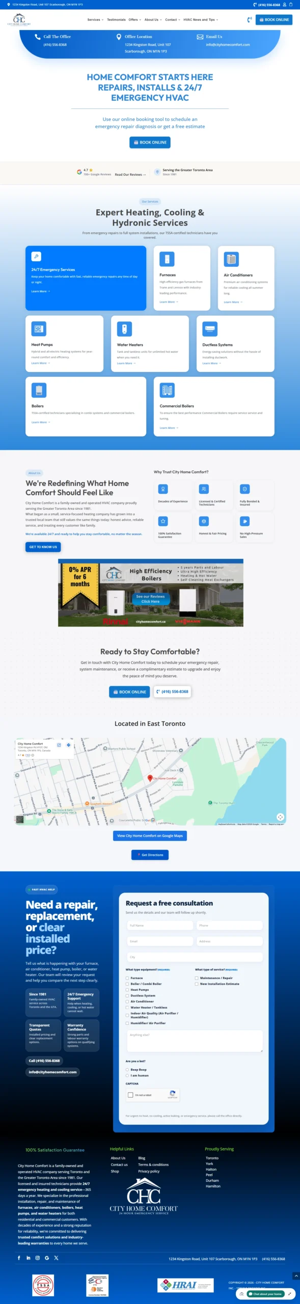 ity Home Comfort website showcasing professional heating, cooling, HVAC repair, installation, and emergency services in Toronto