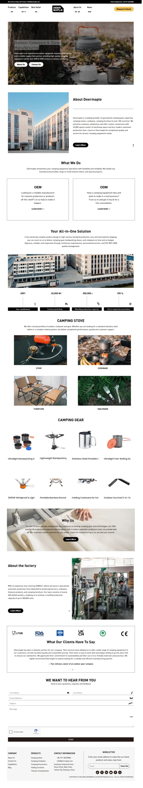 Deermaple website showcasing camping stoves, outdoor cookware, camping gear, furniture, accessories, and manufacturing services