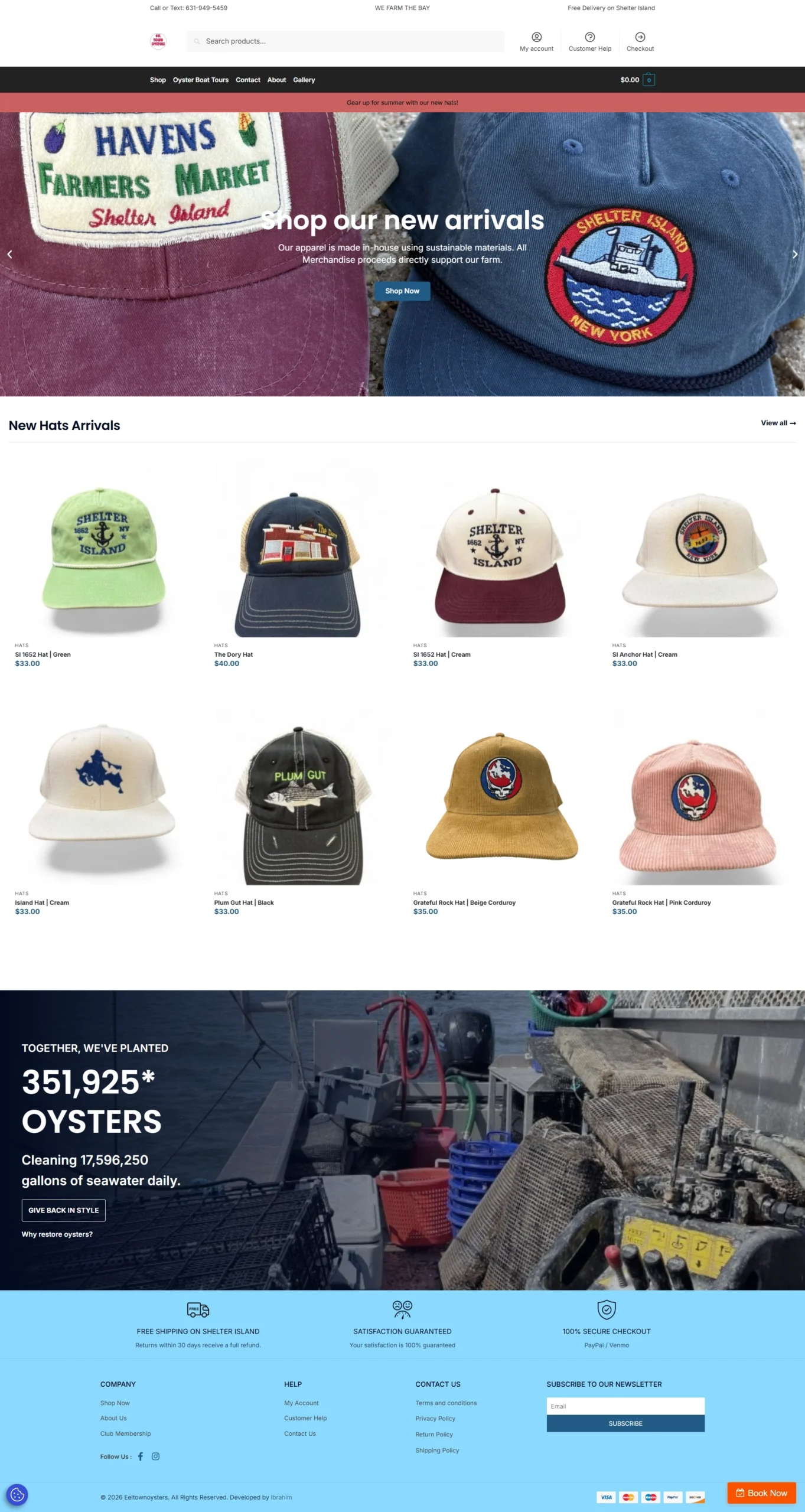 Eel Town Oysters website showcasing Shelter Island oysters, sustainable oyster farming, branded hats, apparel, and merchandise