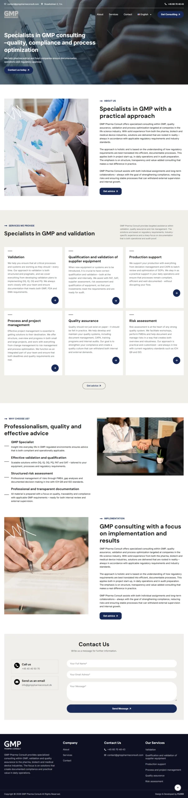 GMP Pharma Consult website showcasing GMP consulting, validation, qualification, quality assurance, risk assessment, and pharmaceutical compliance services
