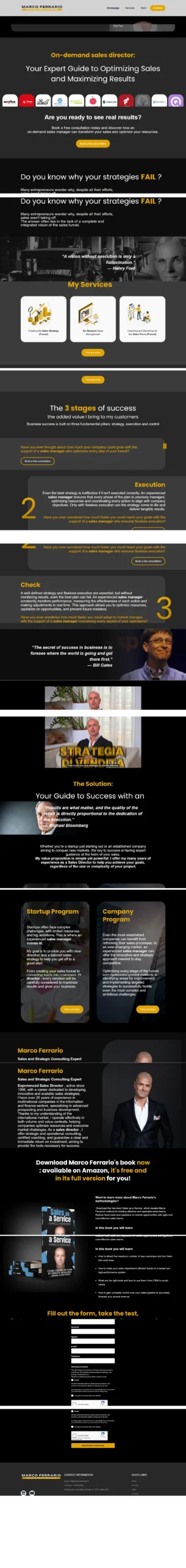 Marco Ferrario website showcasing social media strategy, digital marketing, consulting, training, and business growth services