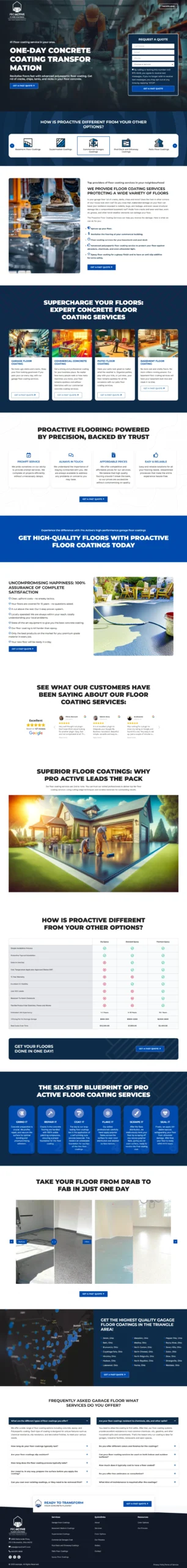 Proactive Floor Coatings website showcasing professional concrete floor coating and epoxy flooring services