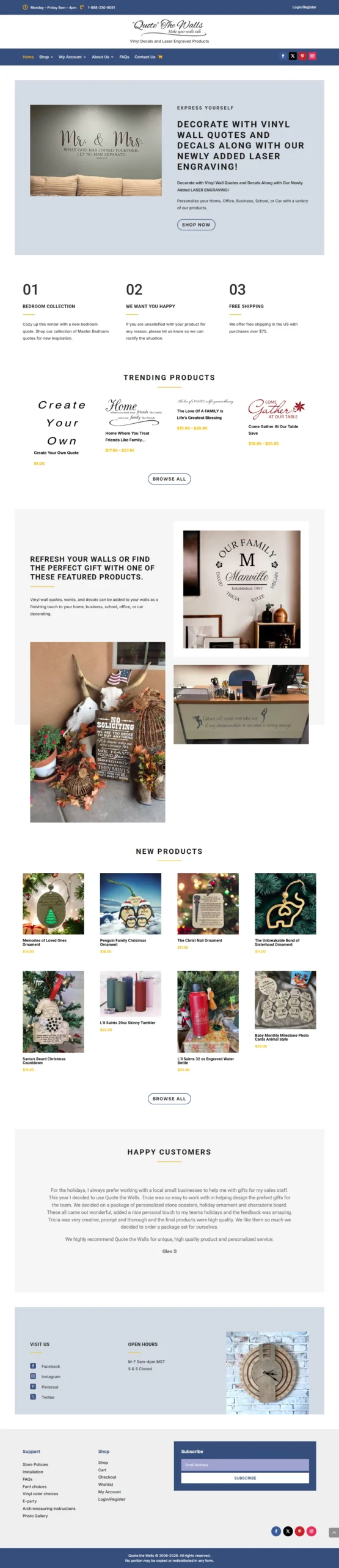 Quote The Walls website showcasing custom vinyl decals, wall quotes, personalized signs, home décor, and creative wall art products