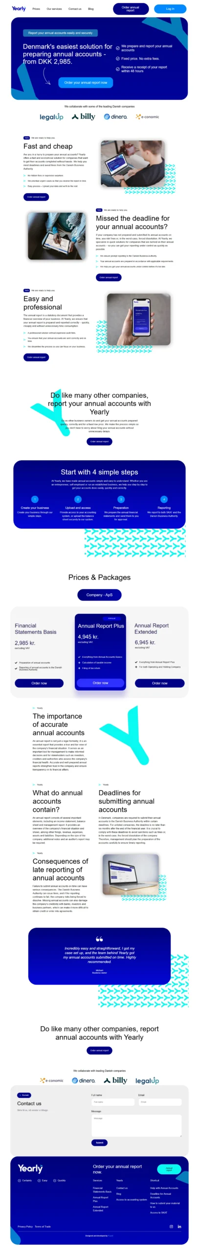Yearly Denmark website showcasing annual report filing, accounting services, bookkeeping, and financial reporting solutions for businesses